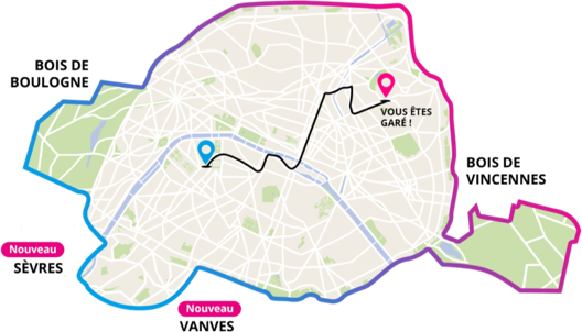 Map with journey in Paris
